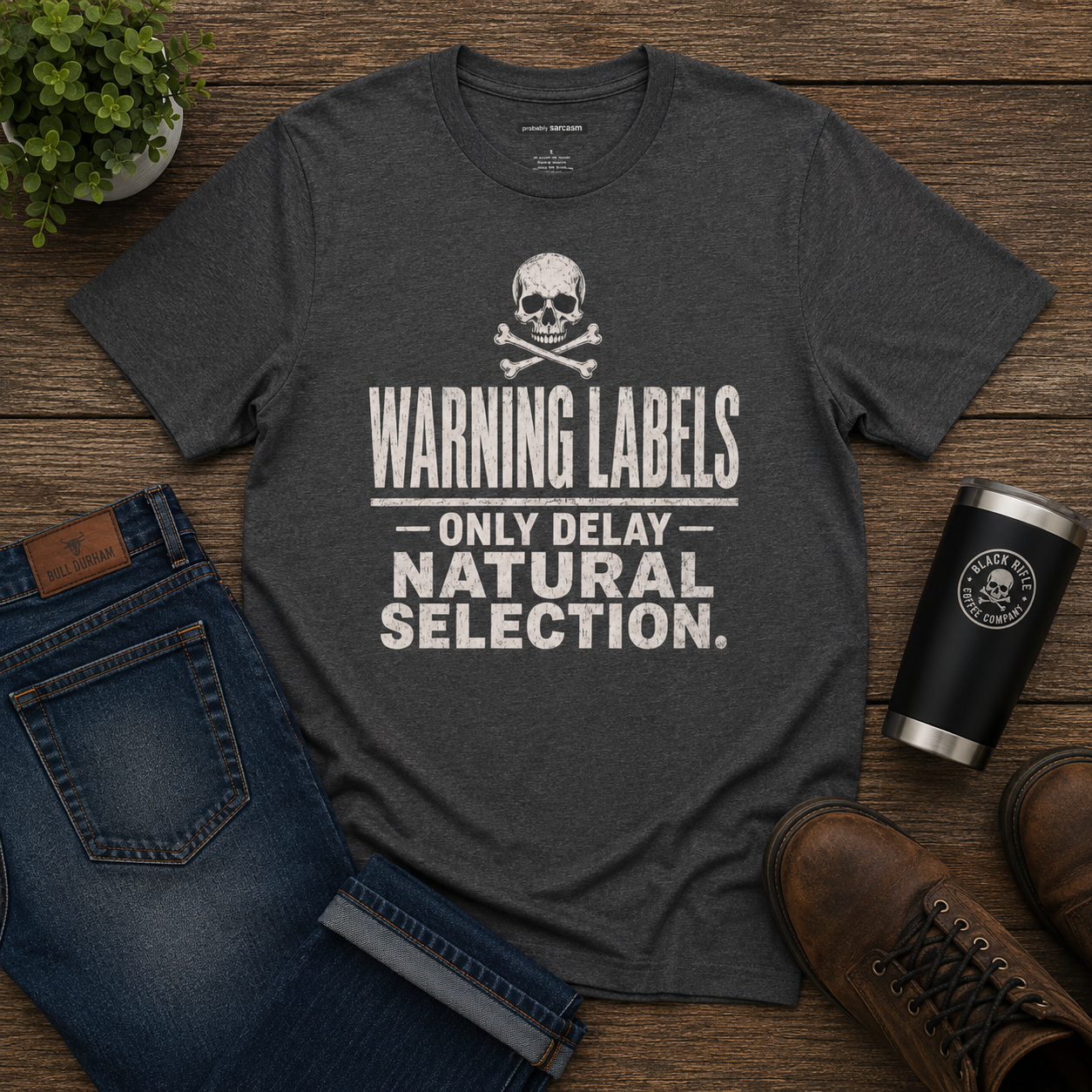 Warning Labels "Only Delay Natural Selection" Skull Graphic