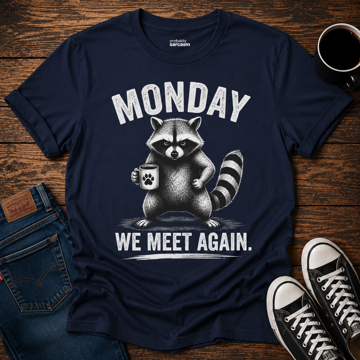 Monday We Meet Again Raccoon Coffee Tee