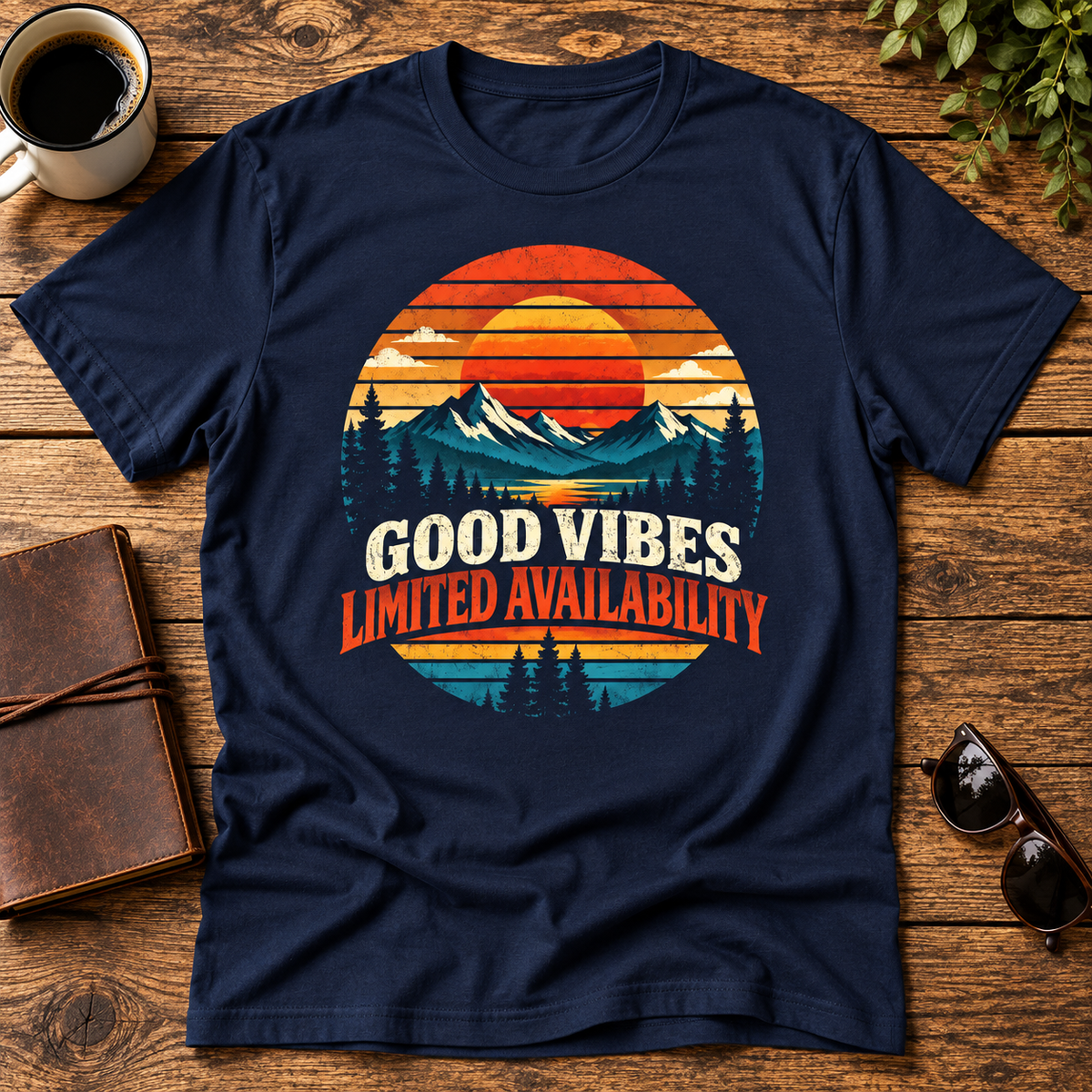 Good Vibes Limited Availability T-Shirt — Retro Sunset Mountain Graphic Tee