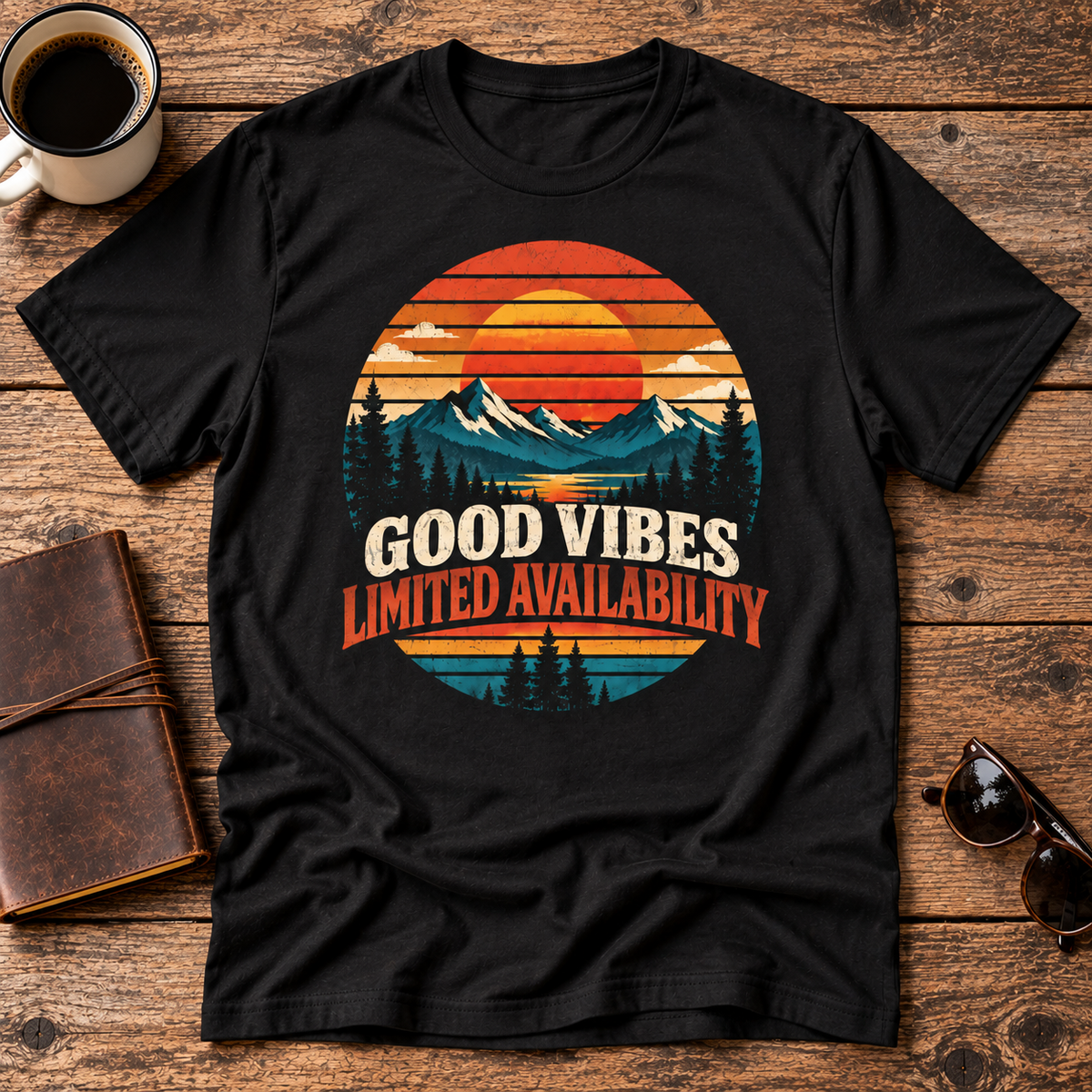 Good Vibes Limited Availability T-Shirt — Retro Sunset Mountain Graphic Tee