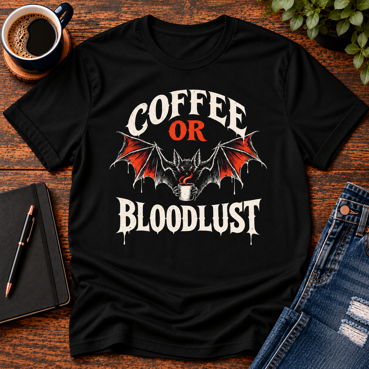 Coffee or Bloodlust T-Shirt | Funny Halloween Bat Coffee Shirt