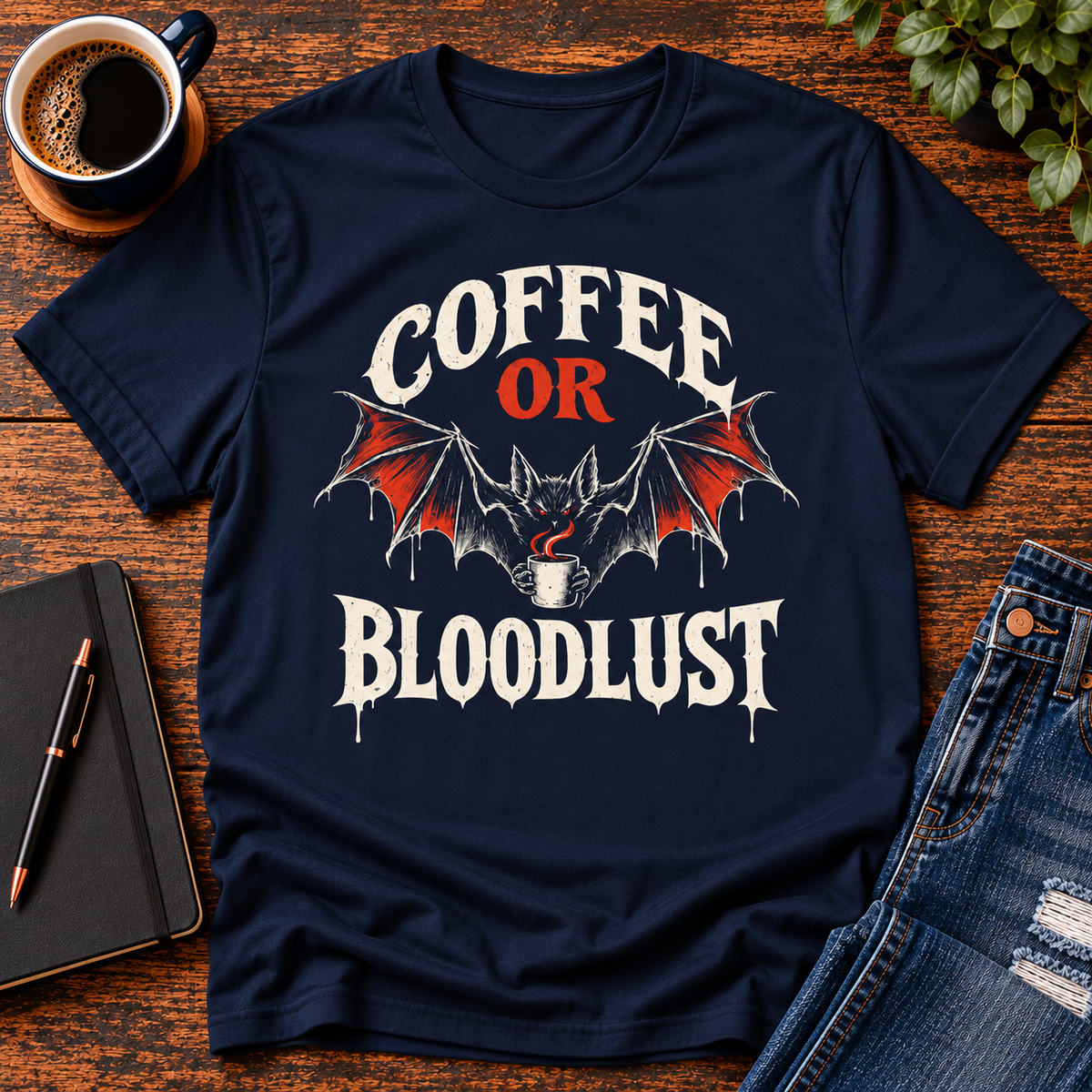Coffee or Bloodlust T-Shirt | Funny Halloween Bat Coffee Shirt